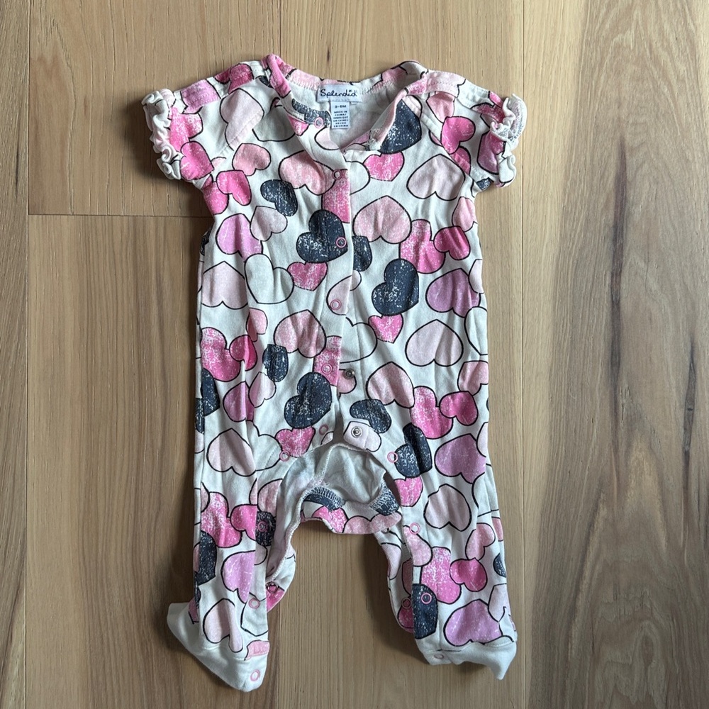 Girl's Allover Scattered Heart Ruffle Coverall in size 0-3, 3-6 months